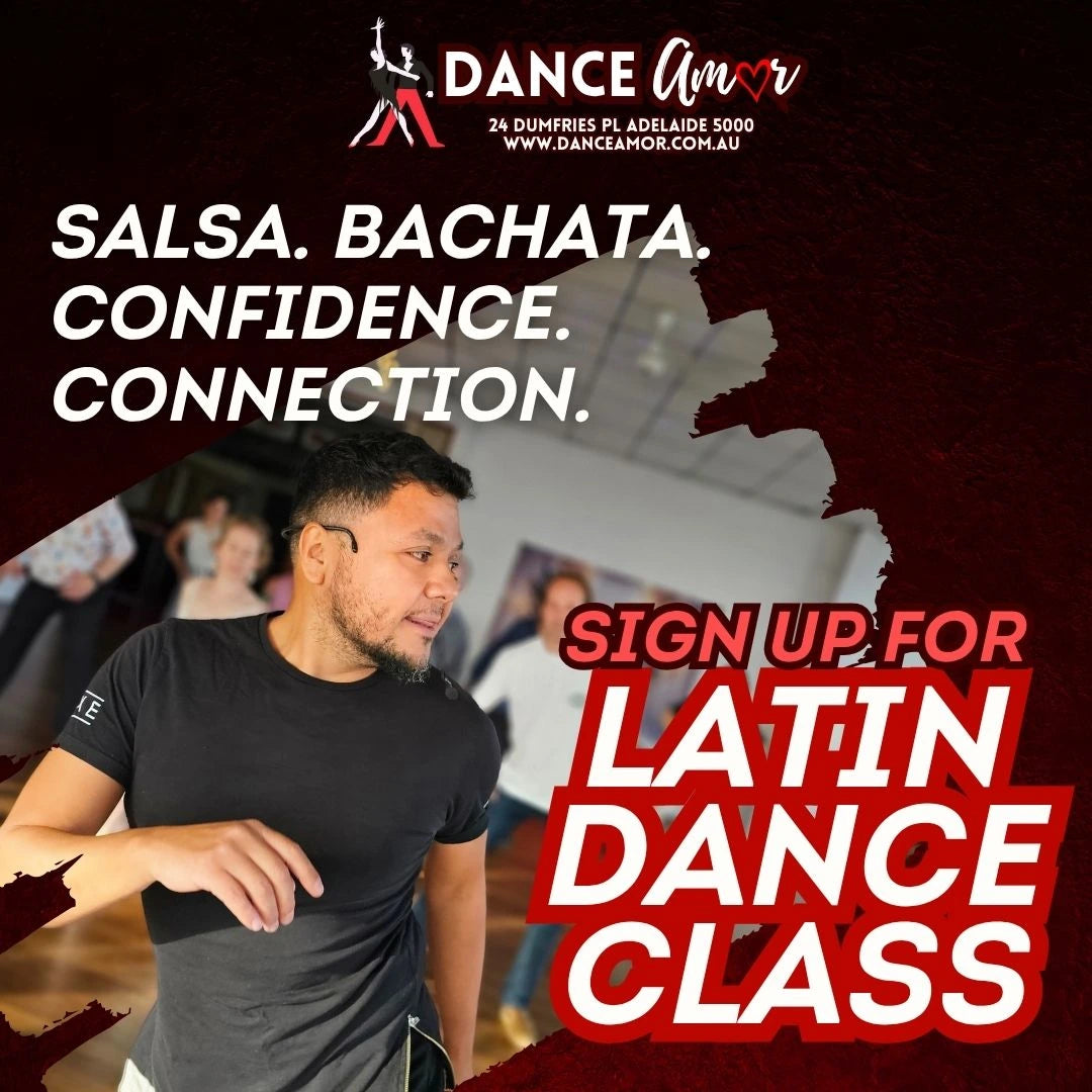 Sign up for Latin classes. A salsa, bachata dancer in the background
